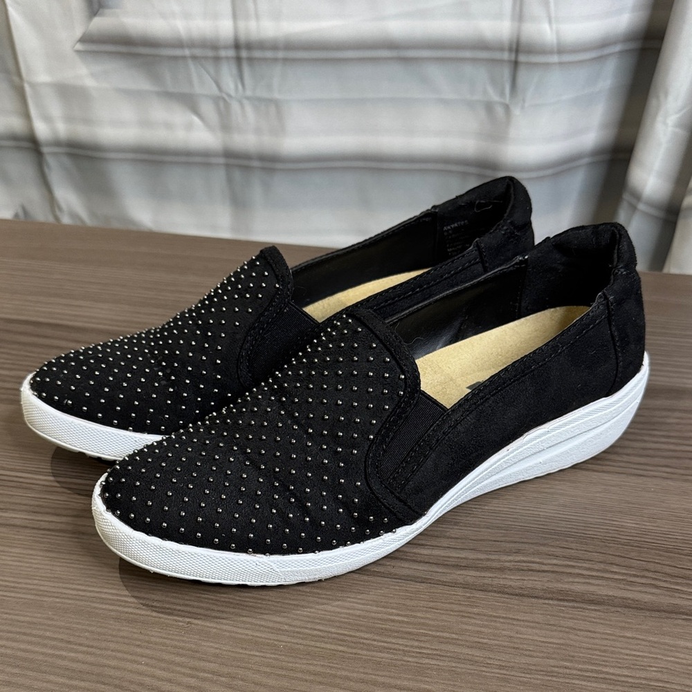 Anne Klein Sport Black Studded Slip-On Wedge Sneakers - Picture 3 of 12